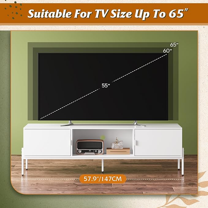 WLIVE TV Stand for 65 Inch TV, Mid Century Modern Entainment Center with 2 Storage Cabinets & Open Shelf, TV Console Table Media with Metal Legs for Living Room, Bedroom, White