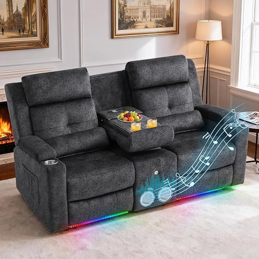Power Reclining Sofa with 4 LED Lights, Bluetooth Speaker, Power Reclining Loveseat with Drop Down Table,Outlets, 3-Seater Recliner Sofa with Arm/Seat Storage(Grey, Loveseat with Console)