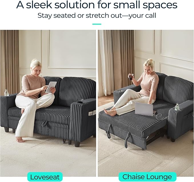 LINSY HOME Sectional Sleeper Sofa Pull Out Couches for Living Room (Grey, Pull Out Couch) | Pull Out Sofa Bed, Storage, USB Charging, Cup Holders, Plush Corduroy | Pull Out Sofa Bed, Storage, USB Charging, Cup Holders, Plush Corduroy