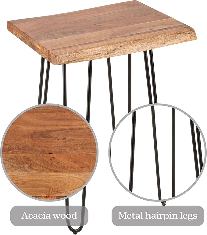 Alaterre Furniture Live Edge Wood End Table with Hairpin Metal Legs – Mid Century Modern Living Room Table with Acacia Wood Top (20 Inch)
