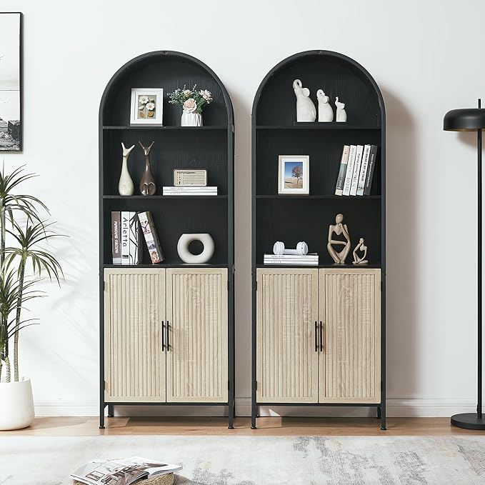 Arched Bookcase Book Shelf with Doors, 5 Tier Display Bookshelf Tall Cabinet with Storage, Industrial Floor Standing Bookshelves Open bookcases for Home Office, Living Room(Oak&Black)