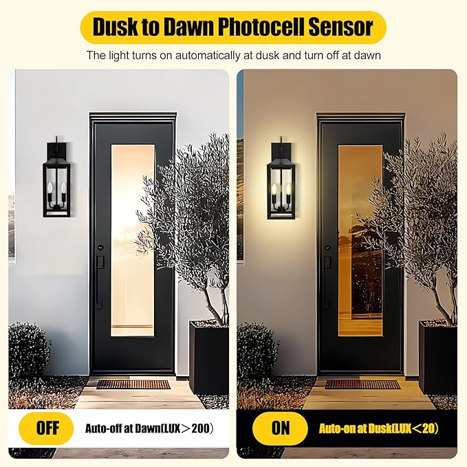 18'' Large Dusk to Dawn Outdoor Lighting, Exterior Sensor Outdoor Wall Lights, Industrial Front Porch Light with Clear Glass, Waterproof Black Gold Anti-Rust Outdoor Lights for House Garage