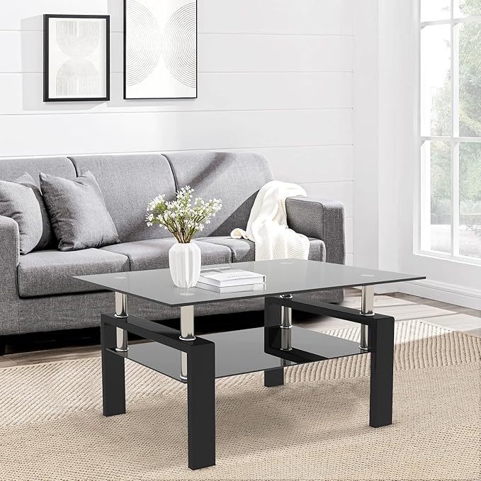 DKLGG Glass Coffee Table, Rectangle Center Table Living Room Tables with Lower Shelf, 2-Tier Modern Black Coffee Table w/Metal Tube Legs, Glass Tables for Living Room Waiting Area, All Black