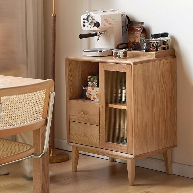 100% Solid Wood Storage Cabinet with Glass Doors and Drawers, Buffet Cabinet with Drawers, for Living Room, Reading Room, Kitchen (15.74" D x 31.49" W x 31.49" H, Natural)