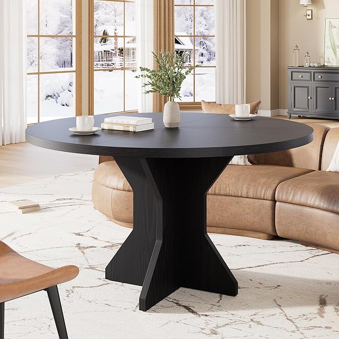 IDEALHOUSE Round Dining Table, 47" Kitchen Table for 4-6 People, Circle Tables with Sturdy Pedestal Base, Space Saving Dinning Room Furniture for Living Room, Kitchen, Apartment, Black