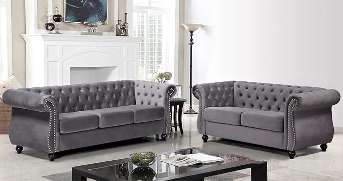 Container Furniture Direct Feinstein Modern Velvet Chesterfield Couches for Living Room with Nailheads, Diamond Tufting & Durable Metal Frame, Loveseat, Gray