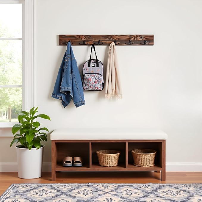 Alaterre Furniture Pomona Entryway Organizer – Modern Rustic 48-Inch Wall Mounted Coat Rack with 6 Hooks – Solid Wood and Space Saving for Jackets, Scarves & Bags in Mudroom or Hallway (Rustic Brown)