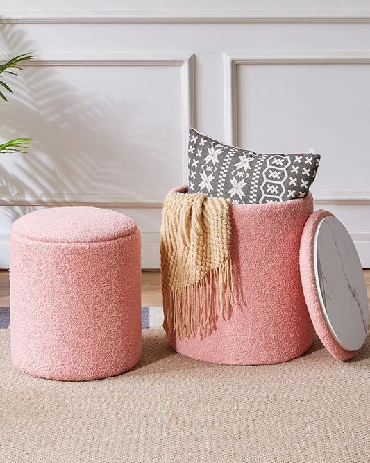 IBUYKE Storage Ottoman Set of 2 Round Ottoman Fleece Vanity Stool with Storage Velvet Footrest Stool End Table Boucle Ottoman for Home Organization Pink UWBD015P