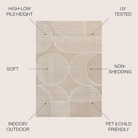 JONATHAN Y Nordby High-Low Arch Striped Indoor/Outdoor Area Rug, 5x8, Beige/Cream, for Patio, Backyard, Living Room, Bedroom, Office, Hose-Washable (SCN104E-5)