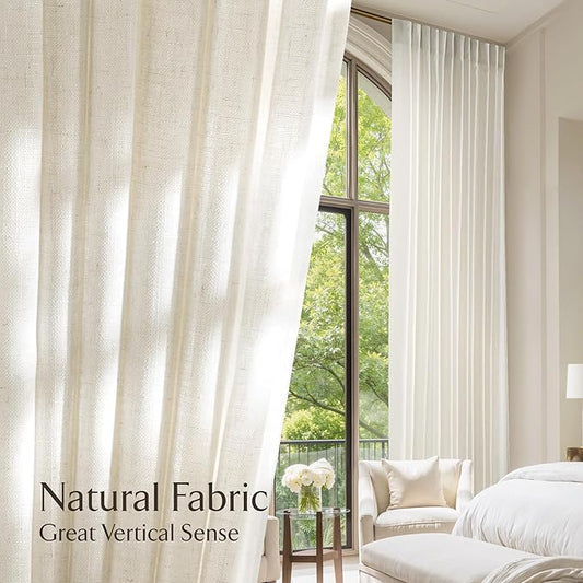 NICETOWN Linen Curtains 92 inches Long, Rod Pocket & Back Tab Semi Sheer Flax Linen Burlap Window Treatments Privacy with Light Filtering for Doorway/Living Room, Natural, W37 x L92, 2 Panels