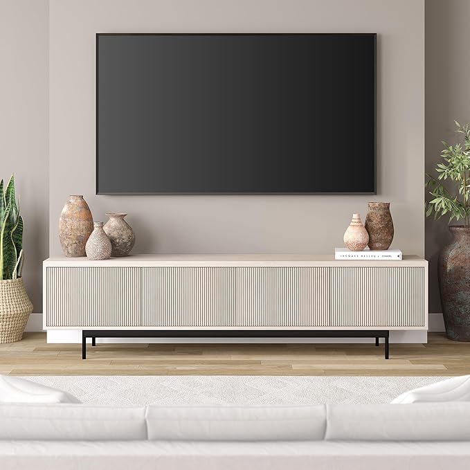 Henn&Hart Fluted TV Stand for TVs up to 85" with 2 Open-Concept Ribbed Storage Cabinets for Living Room, Family Room, or Office, Beech White