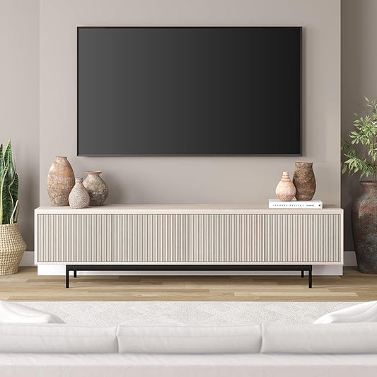 Henn&Hart Fluted TV Stand for TVs up to 85" with 2 Open-Concept Ribbed Storage Cabinets for Living Room, Family Room, or Office, Beech White