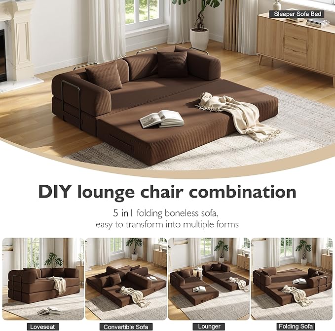 79in Convertible Sofa Bed, Corduroy Boneless Couch Bed, Futon Sleeper Sofa Pull Out Bed, Foldable Couch for Living Room Apartment, No Assembly Required