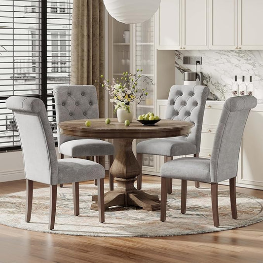 Upholstered Tufted Dining Room Chairs Set of 4, Parsons Kitchen Chairs with Padded Seat and Solid Wood Legs, Fabric Accent Side Diner Chair for Dining Room/Kitchen/Living Room, Light Grey