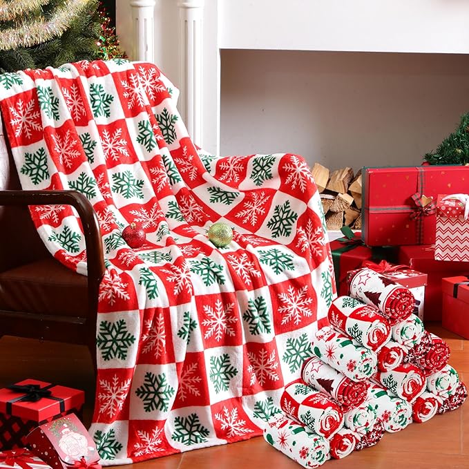 Buryeah 12 Pack 59" x 40" Christmas Fleece Blankets Bulk for Homeless Winter Warm Flannel Soft Cozy Throw Blankets Printed Snowflake Deer Snowman for Home Bedding Couch Chair Gift(Classic Style)
