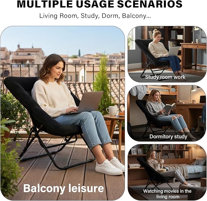 Tiita Comfy Folded Chair, Soft Faux Fur Oversized Folding Accent Chair, Lazy Chair for Teens Adults, Metal Frame Moon Chair for Bedroom, Living Room, Dorm Rooms
