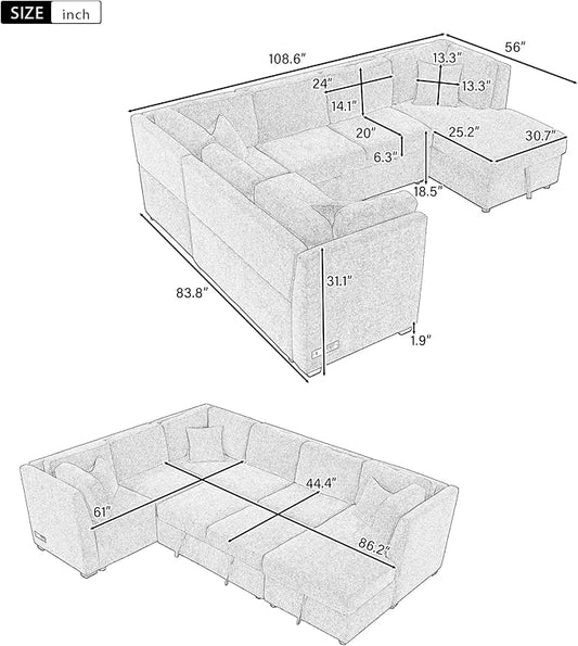 ERYE 108-Inch U-Shaped Sleeper Sectional Sofa with Pull Out Couch Bed for Living Room, Comfy Chenille Upholstered Corner Sleeper Sofabed with Storage Chaise & Power Sockets