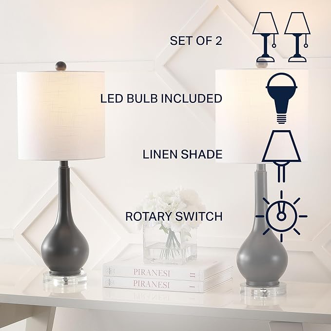 JONATHAN Y 25" Oil Rubbed Bronze Metal and Crystal Teardrop LED Table Lamp for Bedroom Living Room Bedside Nightstand, White Linen Drum Shade, LED Bulb Included, Set of 2 (JYL5010C-SET2)