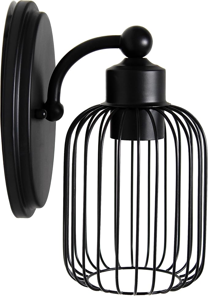 Elegant Designs SC1001-BLK 10.5" Industrial Farmhouse Metal Birdcage Wall Sconce with Matching Metal Oval Backplate Wall Mounted, Black