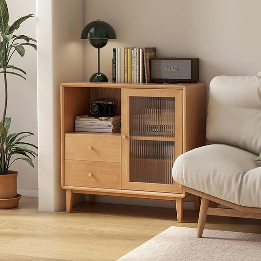 100% Solid Wood Storage Cabinet with Glass Doors and Drawers, Buffet Cabinet with Drawers, for Living Room, Reading Room, Kitchen (15.74" D x 31.49" W x 31.49" H, Natural)
