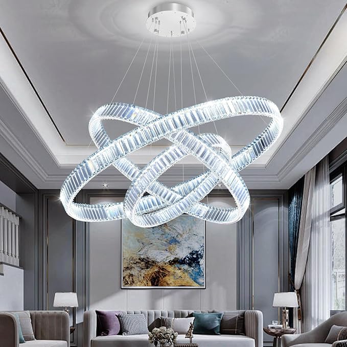 24''+32''+40'' Modern Ring Chandelier Crystal Chandeliers for Dining Room Round LED Dimmable Ceiling Light Fixture for Living Room Bedroom Lighting Silver