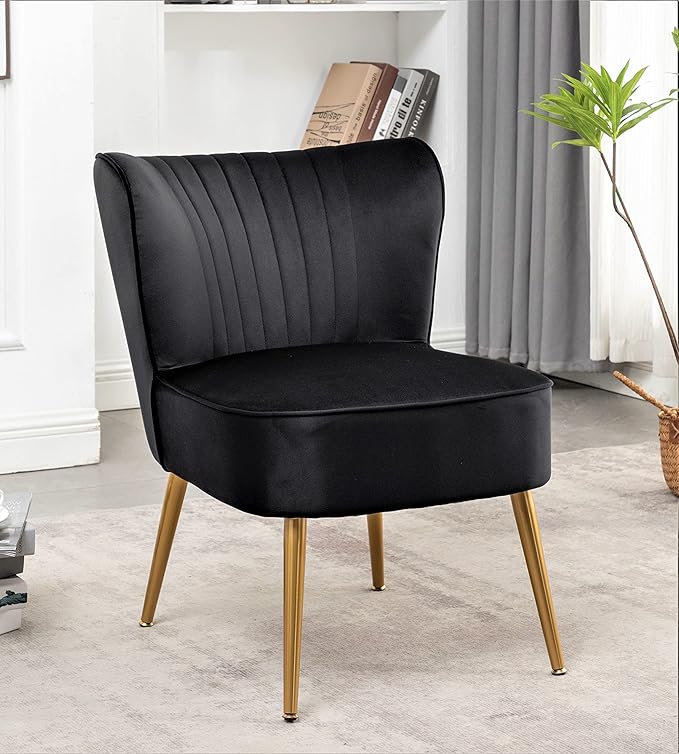 Modern Velvet Accent Chair for Living Room, Bedroom, or Entryway, Stylish and Comfortable Armless Design with Metal Legs, Black