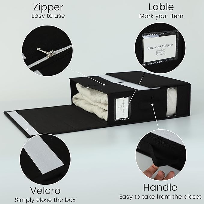 Simple&Opulence 4 Pack Bed Sheet Organizers and Storage, Linen Closet Organizers, Sheets Set Folder Storages with Window and Label (Queen/King Size) Organizing Bedding Container, Black