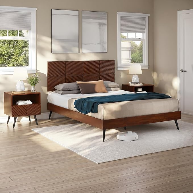 Bme Rhombus Queen Bed Frame – Solid Rubber Wood with Geometric Rhombus Headboard, Walnut Finish, Scandinavian Modern Platform Bed with Sturdy Slats & Metal Legs, No Box Spring Needed