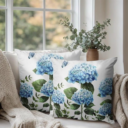 Blue Hydrangea Flower Pillow Covers 22x22Set of 2 Spring Watercolor Floral Outdoor Throw Pillow Case Summer Green Leaf Seasonal Decorative Cushion Covers for Living Room Couch Sofa Porch