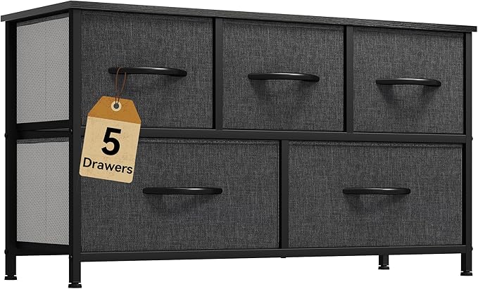 DWVO 5 Dresser for Bedroom, TV Stand, Fabric Tower with 5 Drawers, Black Dresser & Chest of Drawers
