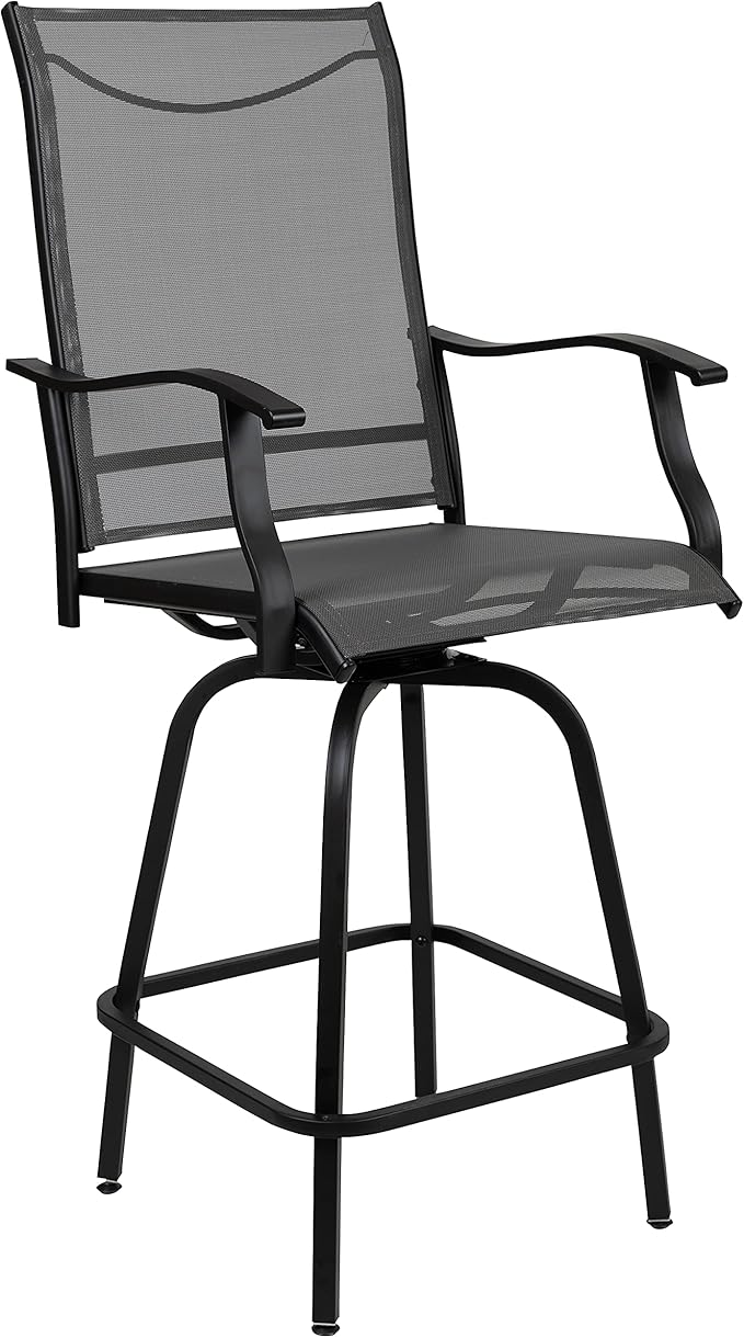 Flash Furniture Valerie All-Weather Swivel Patio Barstools with Footrest and Armrests, Modern Sling Outdoor Bar Height Stools, Set of 2, Gray