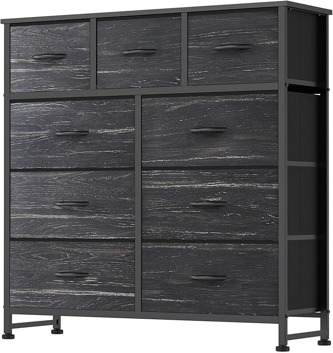 DUMOS 9 Drawer Dresser for Bedroom, Fabric Storage Organizer with Sturdy Metal Frame, Wooden Top Chest of Drawers for Closet Entryway Guest Room,Black Wood