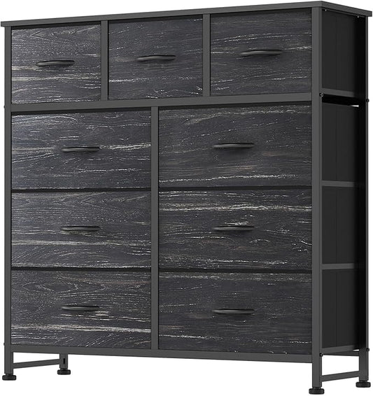 DUMOS 9 Drawer Dresser for Bedroom, Fabric Storage Organizer with Sturdy Metal Frame, Wooden Top Chest of Drawers for Closet Entryway Guest Room,Black Wood