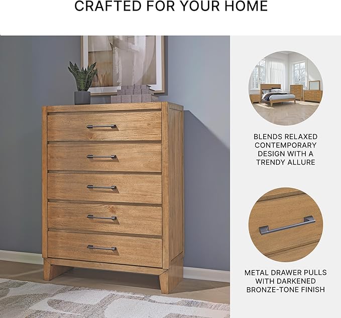 Signature Design by Ashley Sherbana Casual 5-Drawer Chest of Drawers with Safety Stop and Felt-Lined Top Drawer, Light Brown
