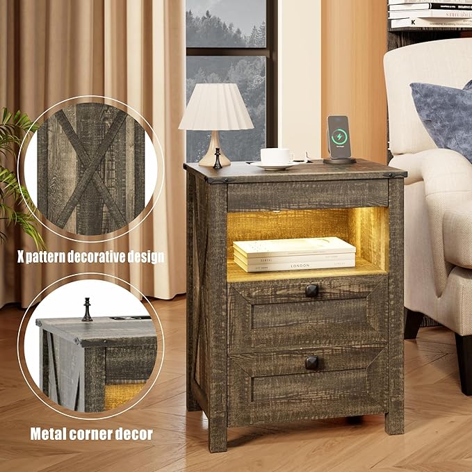 Farmhouse Nightstand with Gun Drawer, Bedside Table with Charging Station, Gun Night Stand with LED Light & Human Sensor, Smart End Table for Bedroom, Rustic Brown
