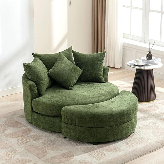 ERYE Oversized Round Accent Barrel Chair with Storage Ottoman and 360 Swivel Base, Modern Chenille Upholstered Leisure Recliner Armchair for Living Room Bedroom