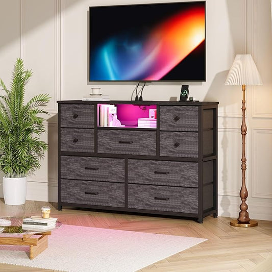 NONGSHIM Dresser with Charging Station and LED Lights, Long Dressers for Bedroom Dresser TV Stand with 9 Drawers, Fabric Chest of Drawers with PU Finish, Wide Dressers Storage Organizer, Grey