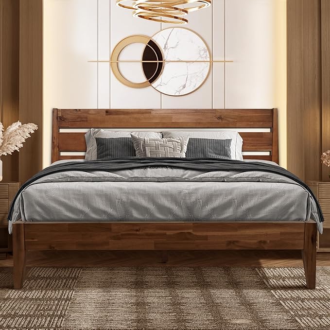 Acacia Emery Bed Frame with Headboard Solid Wood Platform Bed, King Size Bed Frame, Mid - Century Modern Wood Bed Compatible with All Mattresses, Easy Assembly, Non-Slip (Walnut, Queen)