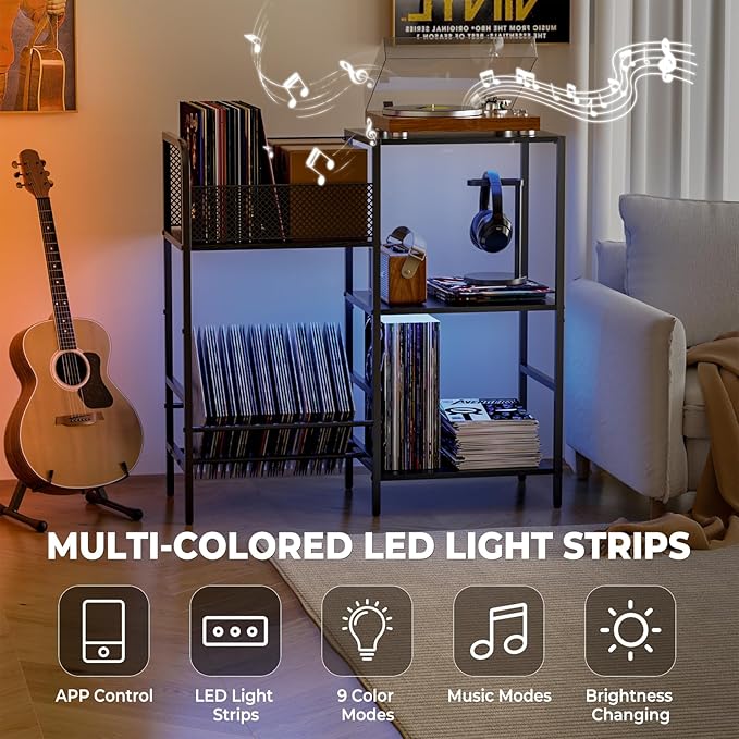 Record Player Stand with LED Light, Turntable Stand with Vinyl Storage - Up to 300+ Albums, 3-Tier Record Player Table Cabinet, Adjustable Shelf & V-Shaped Holder, Vinyl Display Shelf for Living Room