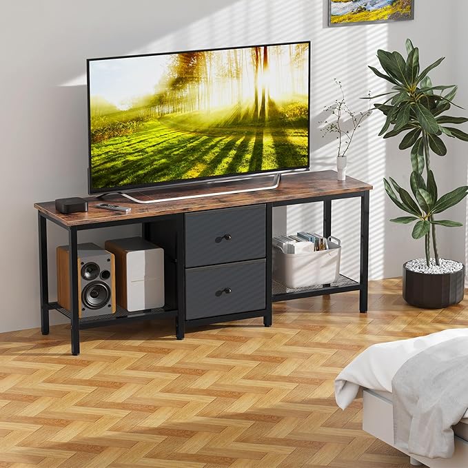 TV Stand Suitable for TVs up to 55 Inches, Entertainment Center with Storage Drawers and Shelves, Media Console Table for Living Room and Bedroom (Brown Black)
