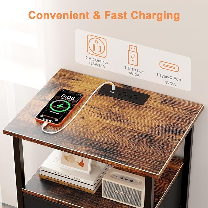 Nightstand with Charging Station, Bedside End Table with 2 Fabric Drawers for Bedroom, Side Table with USB Ports and Outlets (Brown Black)