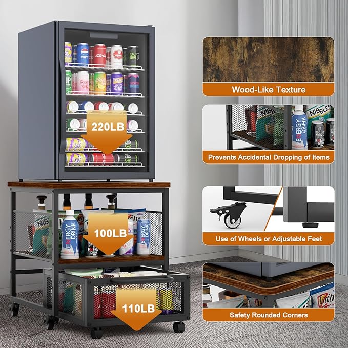 21x21in Mini Fridge Stand with Storage, Heavy Duty Mini Fridge Table with 4 Lockable Wheels for Coffee Bar 220LBS Compact Beverage Refrigerator Stand Cabinet Dorm Fridge Cart for Office Home (Brown)