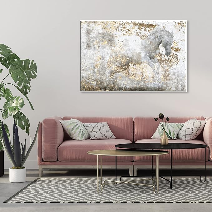 The Oliver Gal Artist Country Farmhouse Canvas Print Painting Animal Wall Art 'Running Horse' Framed Gallery Wrapped Canvas Rustic Home Décor 54 in x 36 in,White, Gold