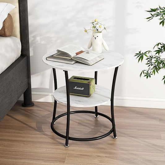 BOFENG Round Coffee Table,2-Tier Center Table with Storage Shelf for Living Room,White Coffee Tables with Sturdy Metal Frame,Sofa Table for Home Office, Easy Assembly