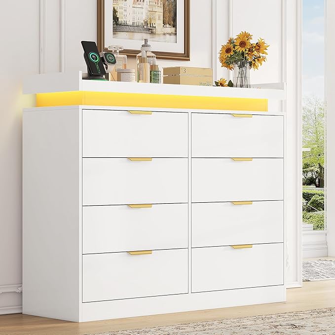 8 Drawer Dresser for Bedroom, White Dresser with LED Lights and Power Outlet, Wooden Dressers Chests of Drawers, Double Wide Dressers for Bedroom, Entryway, Hallway