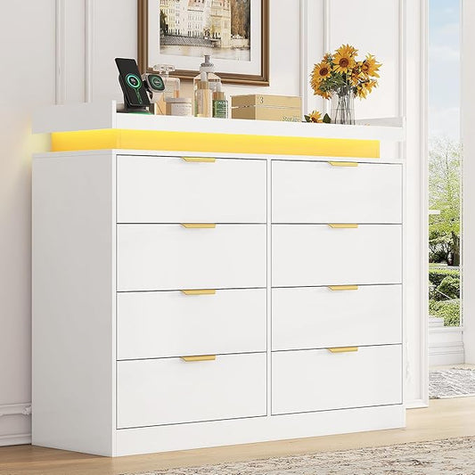 8 Drawer Dresser for Bedroom, White Dresser with LED Lights and Power Outlet, Wooden Dressers Chests of Drawers, Double Wide Dressers for Bedroom, Entryway, Hallway