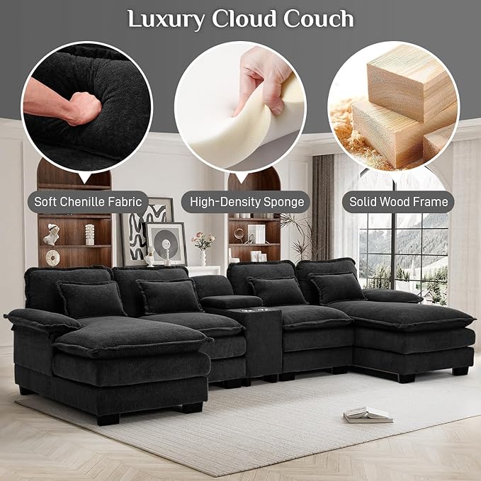 133" Oversized U Shaped Cloud Couch Modular Sectional Couches for Living Room Comfy Chenille Deep Seat Sofa Set with Double Chaise Lounge, Storage Central Console, Cup Holders, USB Port, Black