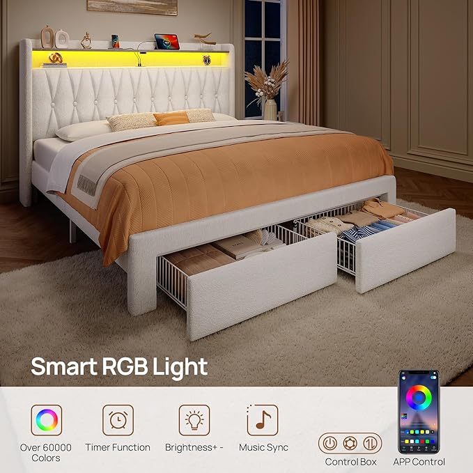 Rolanstar Queen Bed Frame with Drawers, Storage Headboard with Charging Station and LED Lights, Upholstered Bed with Heavy Duty Wood Slats, No Box Spring Needed, Noise Free, Easy Assembly, Beige