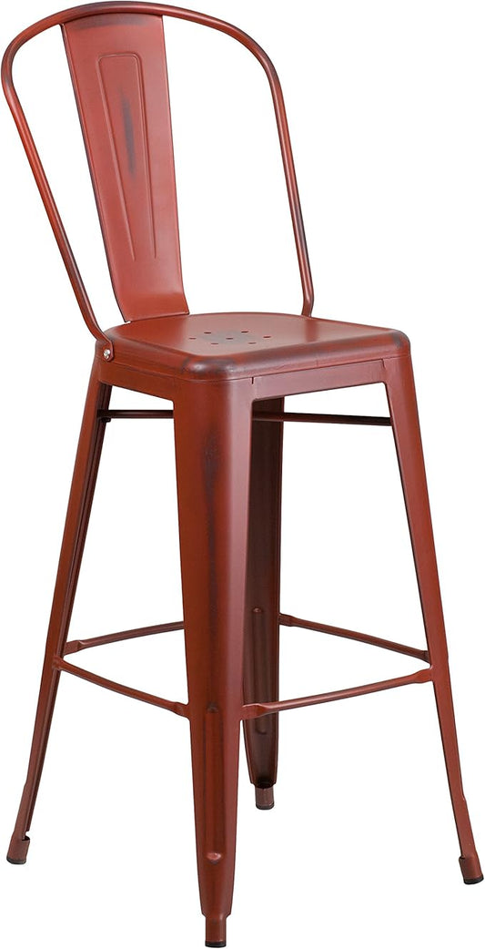 Flash Furniture Commercial Grade 30" High Distressed Kelly Red Metal Indoor-Outdoor Barstool with Back