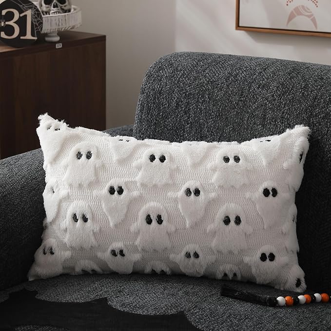 DFXSZ Halloween Pillow Covers 12x20 inch Set of 2 White Ghost Throw Pillow Cases Soft Plush Faux Fur Wool Couch Cushion Case for Chair Sofa Bedroom Living Room Home Decor PTK03A12
